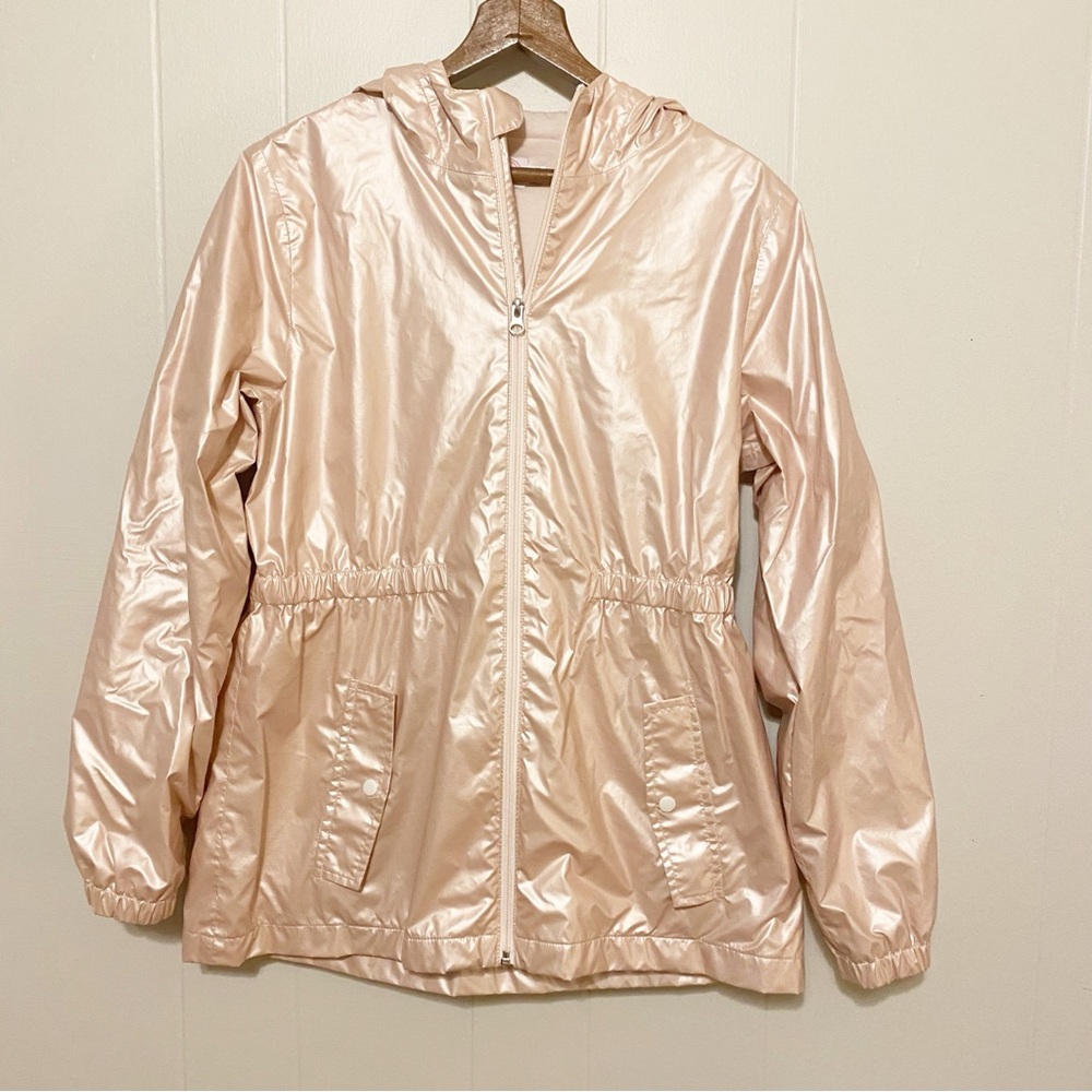 Wonder Nation Girl's XXL 18 Pink Raincoat Hooded Pocket Metallic Shimmer Jacket